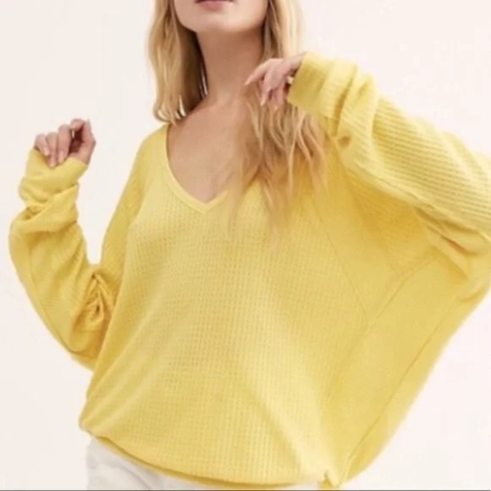 Free People Yellow V-Neck Sweater with Oversized Sleeves
